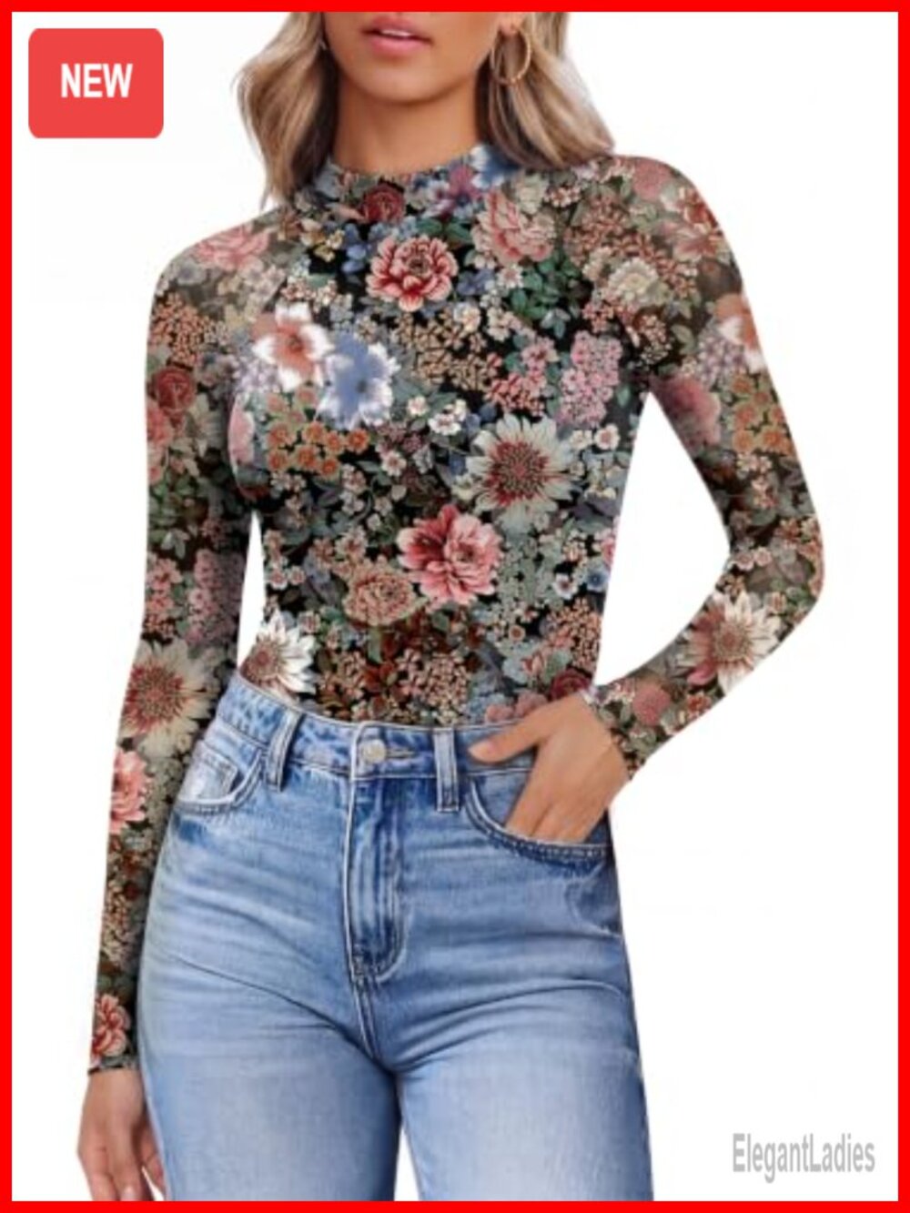 Women's Sheer Mesh Mock Neck Long Sleeve Lace Blouse